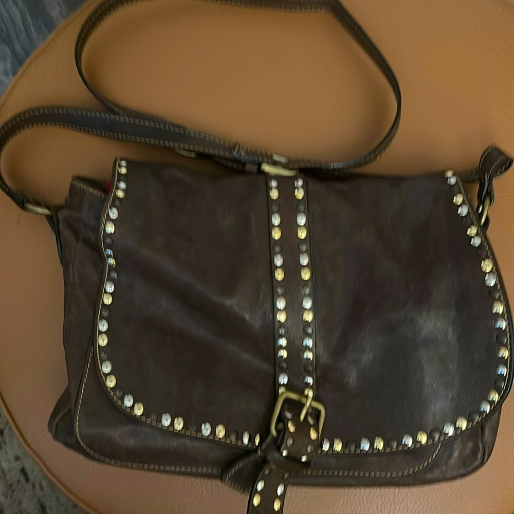 Studded Dark Brown Leather Crossbody Bag with Buckle Detail